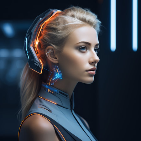 a woman in futuristic clothing with neon lights on her headの素材