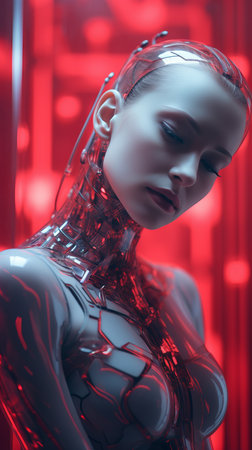 a woman in a robot suit with red lights behind herの素材