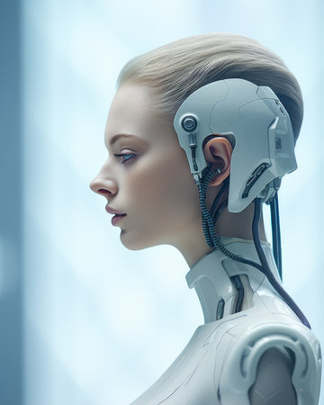 a woman in a white robot suit with her head turned to the sideの素材