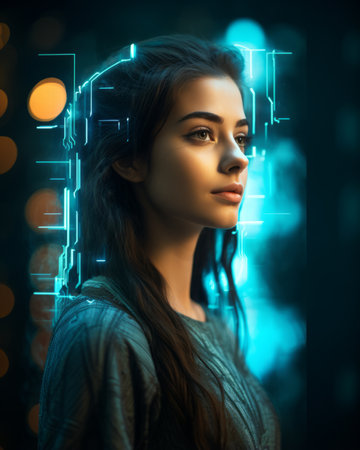 a woman with a futuristic face in front of a digital backgroundの素材