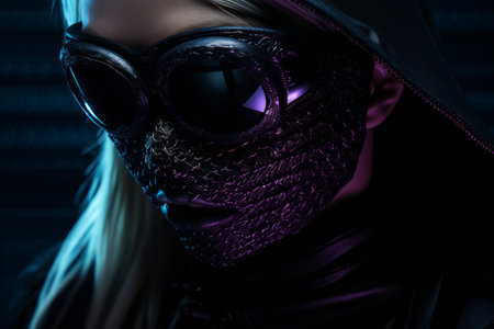 a woman wearing a mask and sunglasses in a dark roomの素材