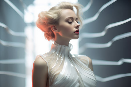 a woman in a white dress with red light behind herの素材