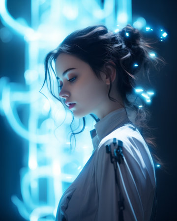 a woman with glowing lights in front of herの素材