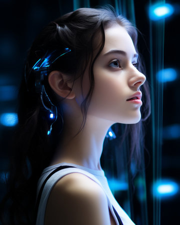 a young woman with glowing lights in her hairの素材