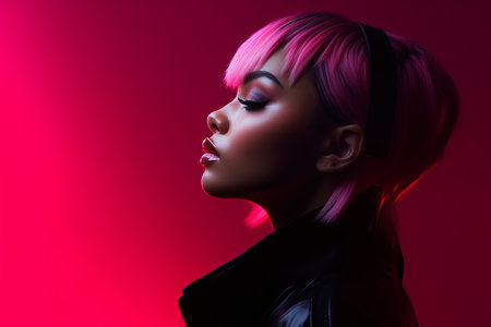 a woman with pink hair and a black leather jacketの素材