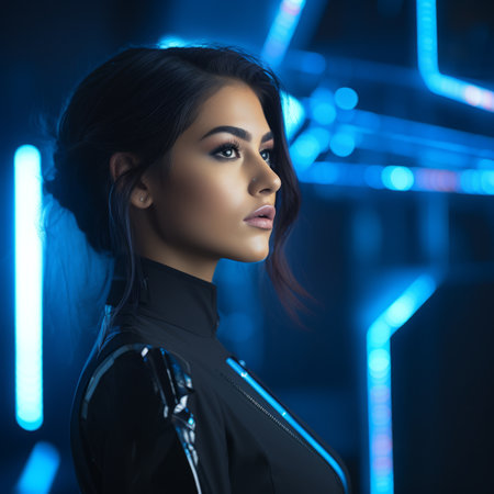 portrait of a beautiful woman in futuristic suit with neon lights in the backgroundの素材
