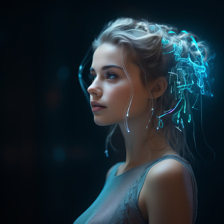a woman with glowing hair and neon lights in her hairの素材