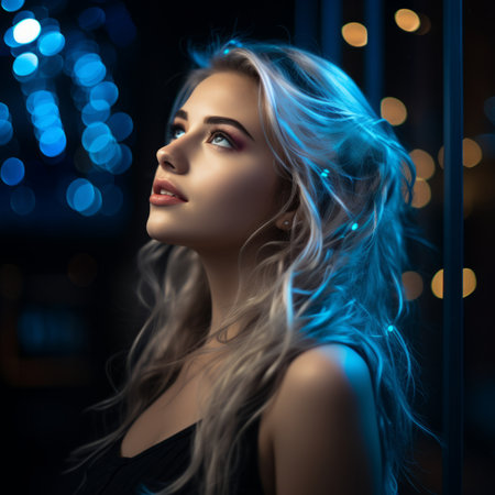portrait of a beautiful young woman with blue lights in the backgroundの素材