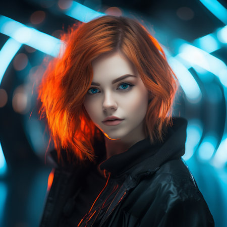 a woman with red hair and blue eyes in a dark tunnelの素材