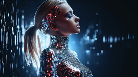3d rendering of a woman in a shiny silver body suitの素材