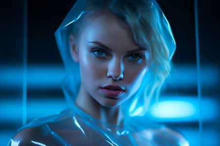 a beautiful blonde woman in a plastic wrapの素材