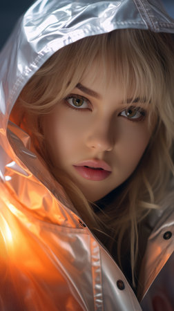a beautiful blonde woman in a shiny silver jacketの素材