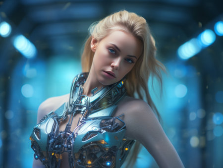 a beautiful blonde woman in a futuristic outfitの素材