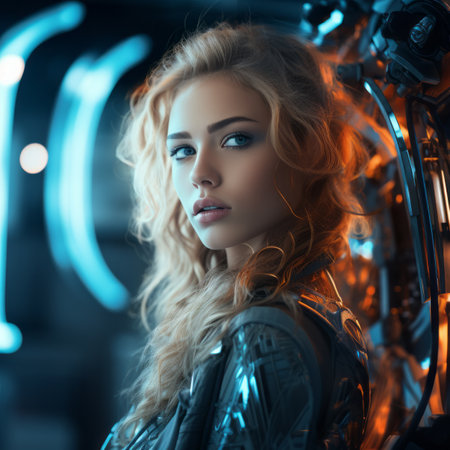 a beautiful woman in a futuristic suitの素材