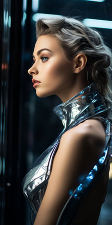 a beautiful blonde woman in a shiny silver dressの素材