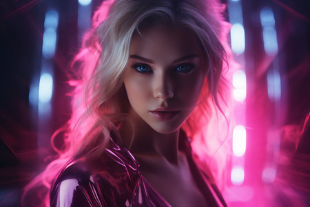 a beautiful blonde woman with blue eyes and pink hairの素材