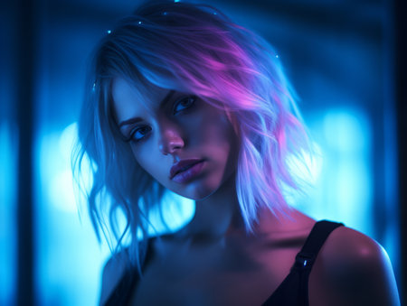 a beautiful blonde woman with blue eyes in a dark roomの素材