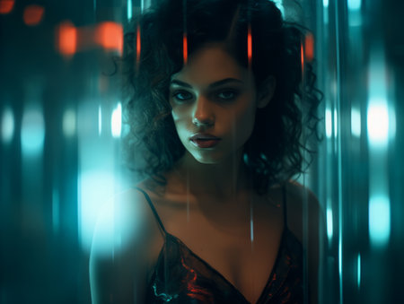 a woman in a black dress standing in front of a glass wallの素材