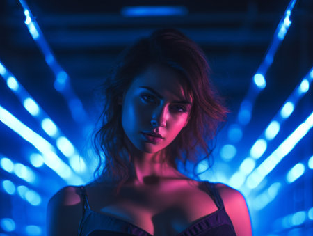 a woman in a black bra top standing in front of blue lightsの素材