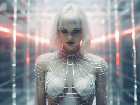 a woman in a futuristic outfit standing in front of red lightsの素材