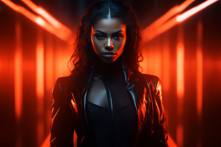 a woman in a black leather jacket standing in front of a red lightの素材