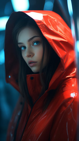 a woman in a red raincoat with blue eyesの素材