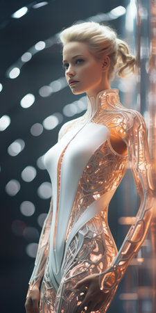 a woman in a futuristic suit standing in front of a mirrorの素材
