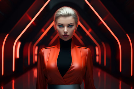 a woman in a red dress and black leather jacket standing in front of neon lightsの素材