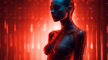 a woman in a red and blue backgroundの素材