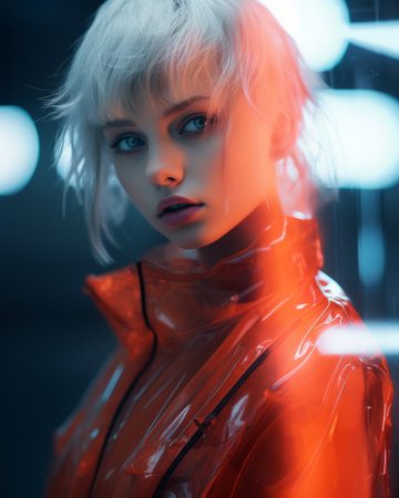 a woman with blonde hair in an orange jacketの素材