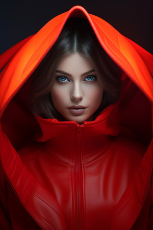 a woman in a red hooded jacket with blue eyesの素材