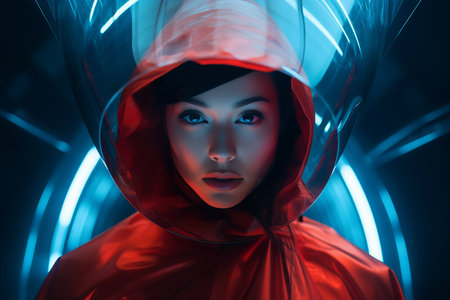 a woman in a red hooded raincoatの素材