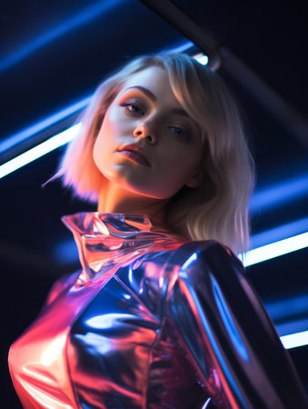 a woman in a shiny metallic outfit standing in front of neon lightsの素材