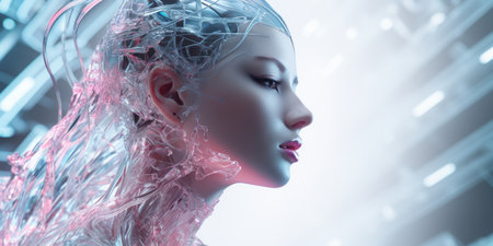 a woman in a futuristic setting with her hair covered in wiresの素材
