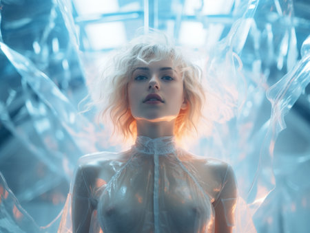 a woman with blonde hair in a plastic suitの素材