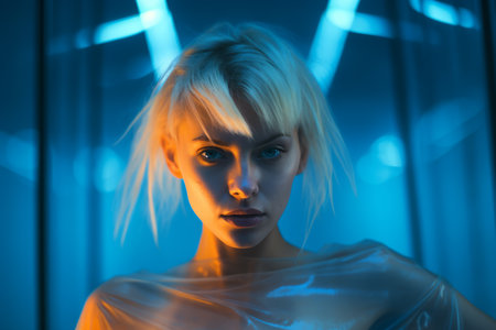 a woman with blonde hair in a plastic bagの素材