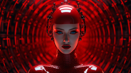 a woman in a red suit with a red headの素材