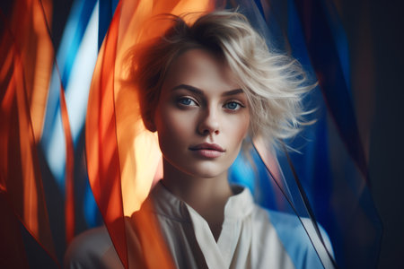 a woman with blonde hair in front of a colorful curtainの素材