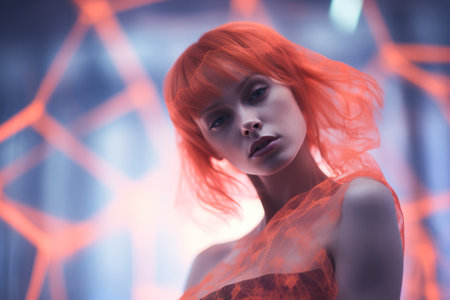 a woman with bright red hair and a spider web backgroundの素材