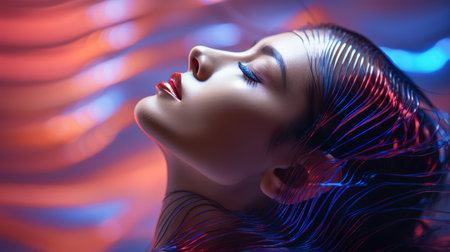 a woman with blue and red hair is looking up at the cameraの素材