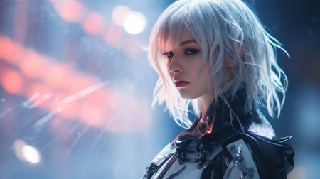 a woman with white hair in the rainの素材