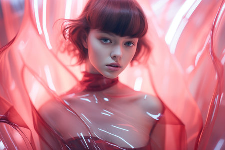 a woman with red hair and a red dress is posing in front of a red backgroundの素材