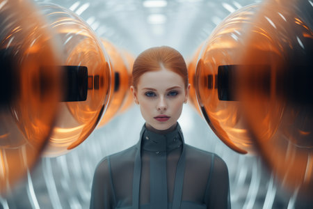 a woman with red hair standing in front of orange spheresの素材