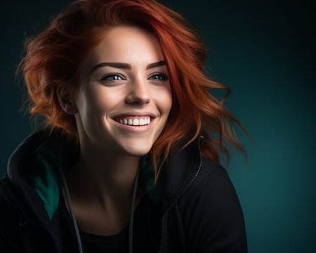 a woman with red hair smiling and wearing a hoodieの素材