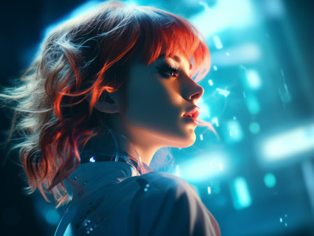 a woman with red hair in the city at nightの素材