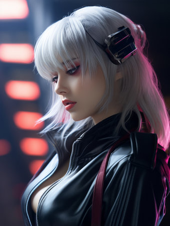 a woman with white hair and headphonesの素材