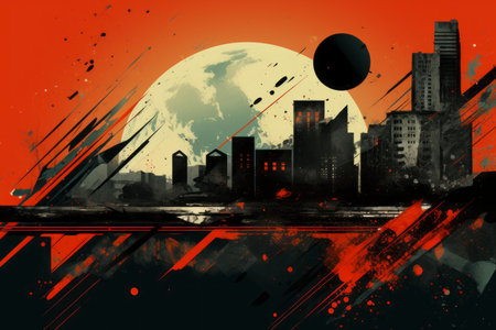an abstract painting of a city with a full moon in the backgroundの素材
