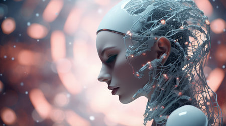 artificial intelligence 3d rendering of a woman with wires in her hairの素材