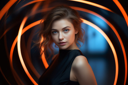 beautiful woman in black dress with orange light ringsの素材