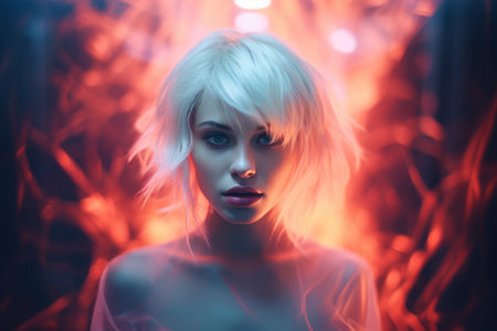 an image of a woman with white hair in front of fireの素材
